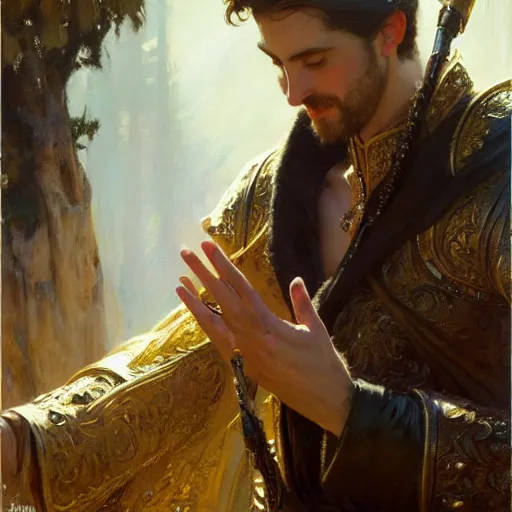 Image similar to attractive fully clothed king confesses his love for his attractive fully clothed male prince. highly detailed painting by gaston bussiere, craig mullins, j. c. leyendecker 8 k