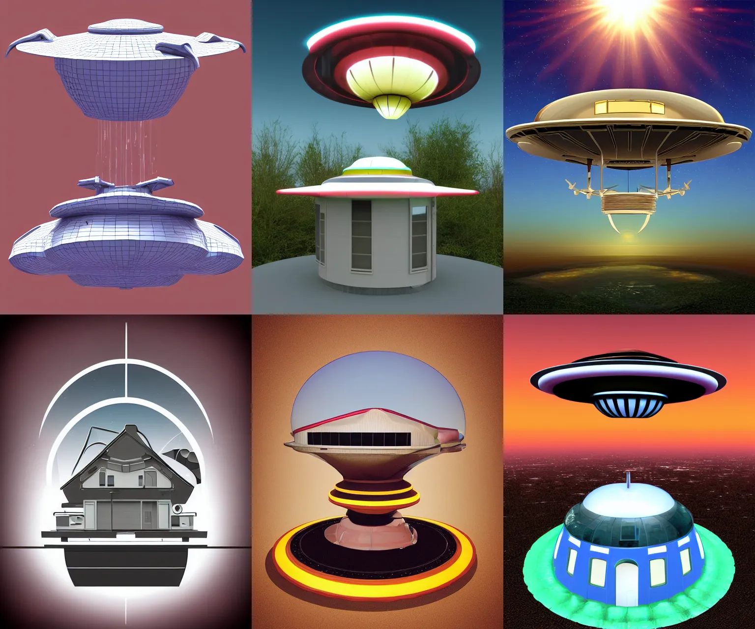 Image similar to retro-futurism style-art deco- 3d UFO above house