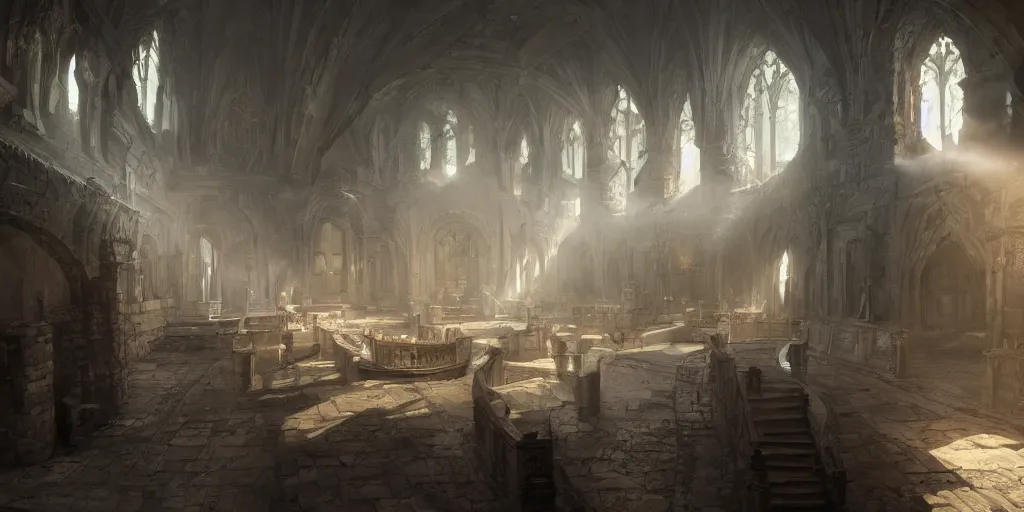 Prompt: interior of a castle, beautiful dynamic lighting, cinematic, wide angle establishing shot, extremely high detail, photo realistic, cinematic lighting, post processed, concept art, artstation, matte painting, style by eddie mendoza, raphael lacoste, alex ross, volumetric lighting, light rays, photorealistic, ultrarealistic, moody, coronarender, 8 k