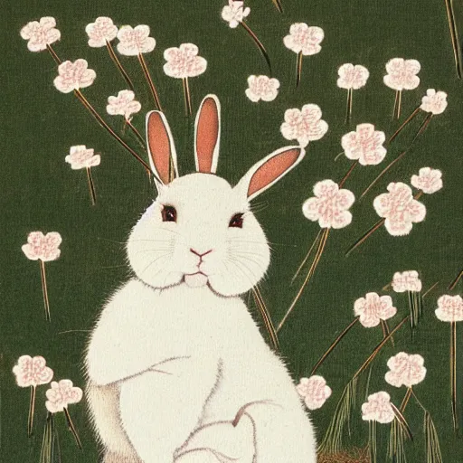 Image similar to a japanese painting of a white rabbit with long hairs in a clover field