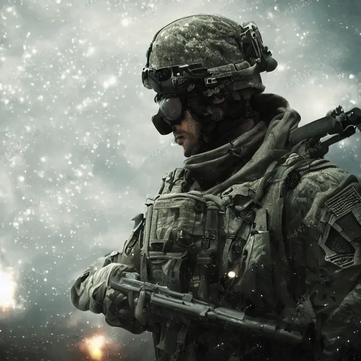 Image similar to cinematic background blur bokeh, beautiful lighting, call of duty ghost soldier looking out into the vastness of space, digital art