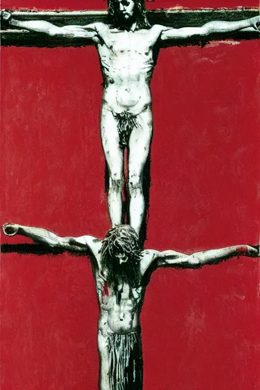 Image similar to red bloody jesus christ crucified painted by cy twombly and andy warhol,