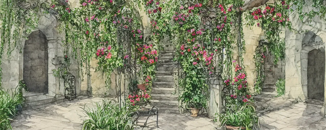 Image similar to courtyard walkway in an overgrown castle, sunny, stairway, chairs, wrought iron gate, tree, delicate, botanic garden, garden road, temple in a botanical herbarium paper, watercolor colored painting, iridescent colors, 8 k, realistic shaded, fine details, artstation, italian style, colonnade, huge flower