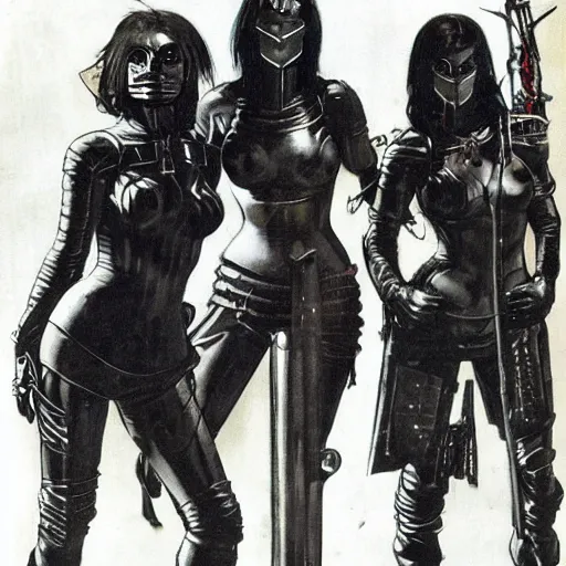 Prompt: three cyberpunk warrior women dressed in black leather on motorcycles by Frank Frazetta