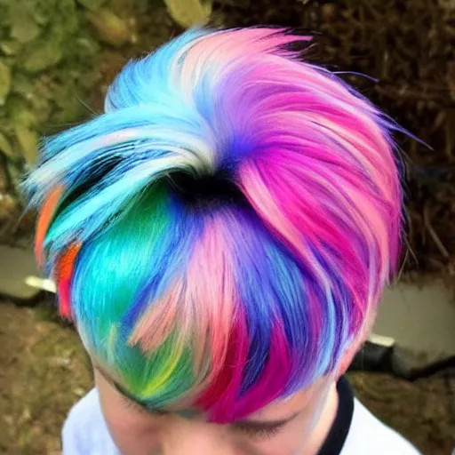 Image similar to a little bird, edgar haircut, rainbow colored hair