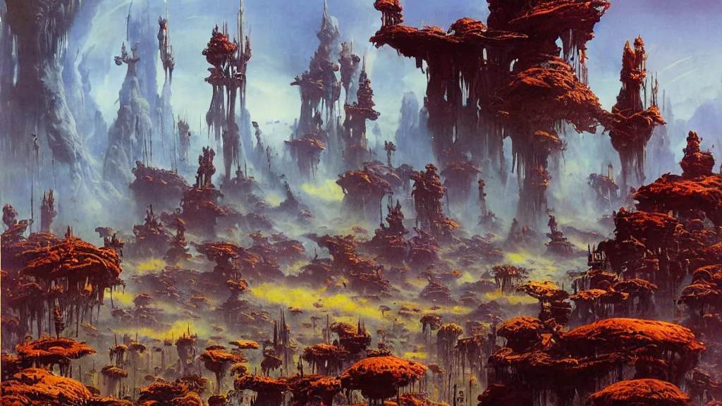 Image similar to surreal eerie alien planet empire with strange biomechanical plants by frank frazetta and bruce pennington, cinematic matte painting