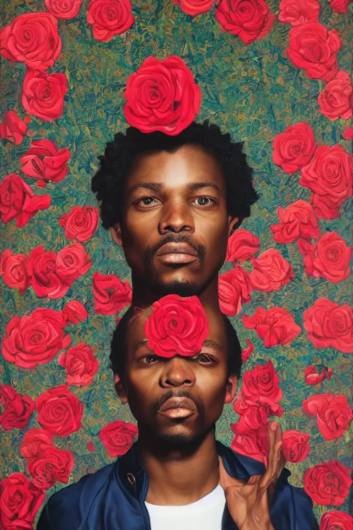 Prompt: Andre Benjamin, portrait by Kehinde Wiley!!, roses, oil paint on canvas, brushstrokes,