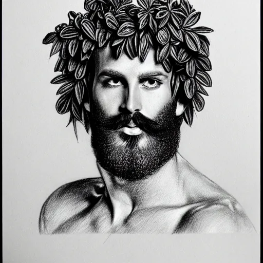 Prompt: high - detailed portrait of bearded god dionysus with leaves and grape in his hair, tom finland, pencil drawing