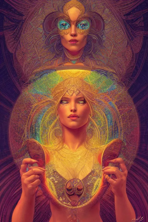 Image similar to portrait of a beautiful sorceress by artgerm, mandala, vivid color, complementary color, golden ratio, detailed, sharp lines, sharp focus, intricate, rainbowshift, by maxfield parrish, by peter mohrbacher, by gustave dore, by alphonse mucha, deviantart, octane render