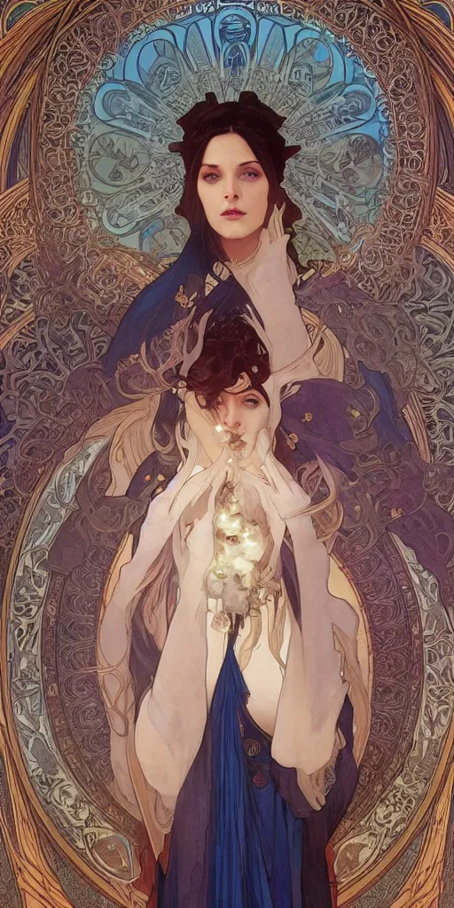 Image similar to Beautiful female wizard with blue rose robes wearing an intricate arcane makeup searching for her soul, digital art, art by Alphonse Mucha, Greg Rutkowski, Alex Ross, WLOP