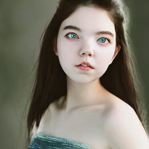 Image similar to a portrait photo of a beautiful young woman who looks like a korean anya taylor - joy