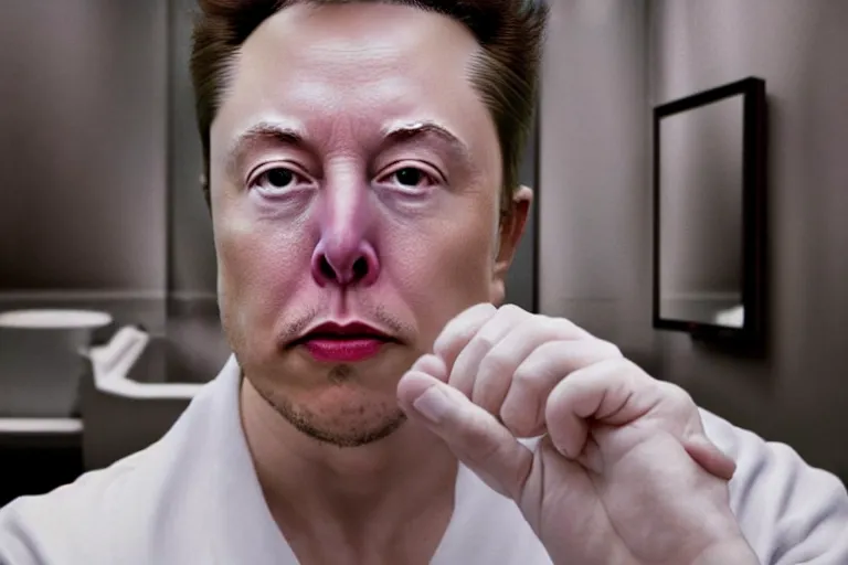 Prompt: hyperrealism aesthetic ridley scott and denis villeneuve style portrait photography of a detailed hyperrealism elon musk, siting on a detailed hyperrealism toilet and scrolling his detailed smartphone in hyperrealism scene from detailed art house movie in style of alejandro jodorowsky and wes anderson