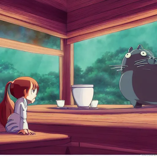 Image similar to yo mama is so fat when she skips a meal the stock market drops, anime, ghibli style dreamlike background