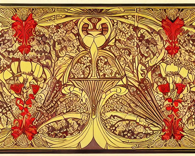 Prompt: symmetrical mural painting from the early 1 9 0 0 s in the style of art nouveau, red curtains, art nouveau design elements, art nouveau ornament, scrolls, flowers, flower petals, rose, opera house architectural elements, mucha, masonic symbols, masonic lodge, joseph maria olbrich, simple, iconic, masonic art, masterpiece