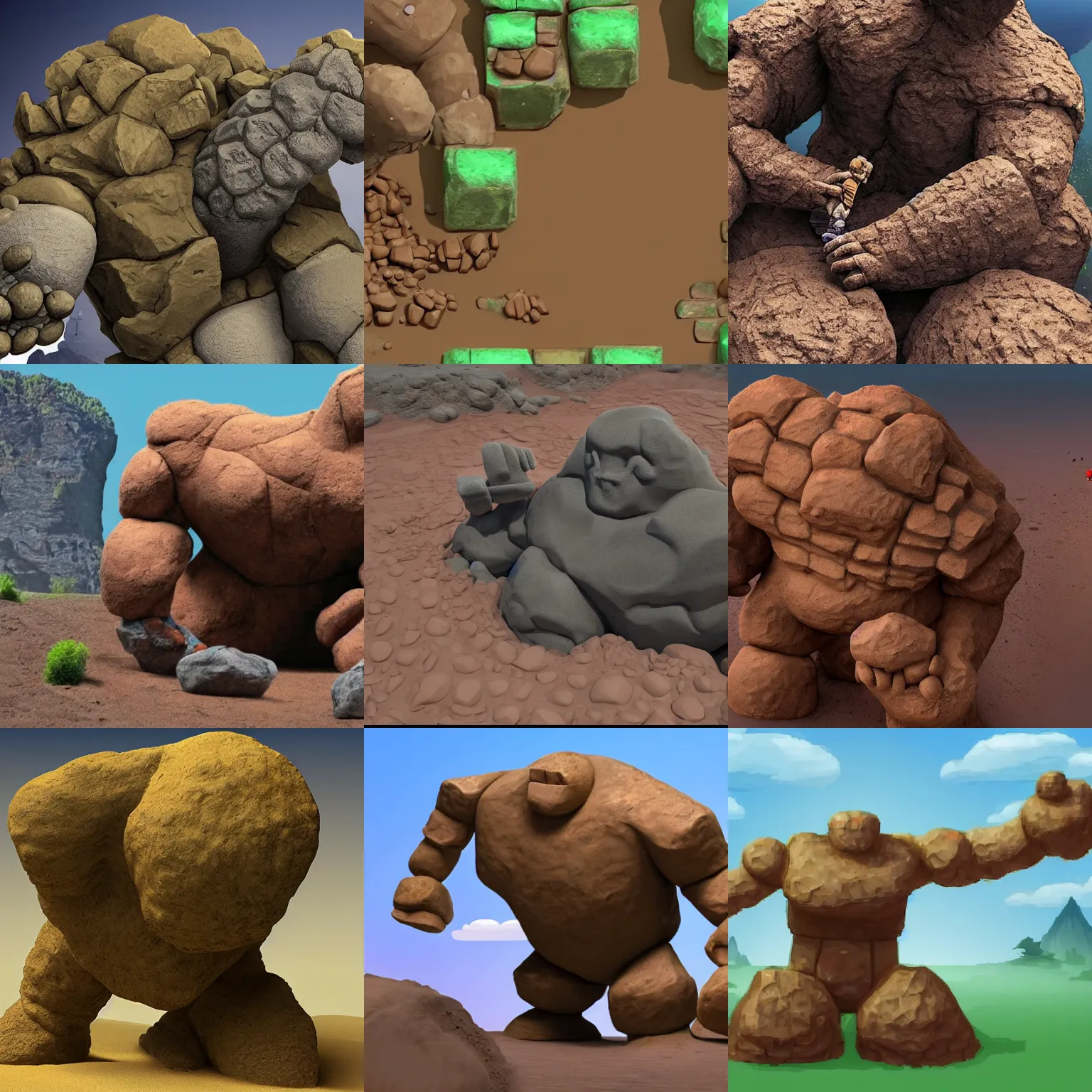 Prompt: a giant rock golem is scooping dirt and packing the dirt onto its body to make itself bigger