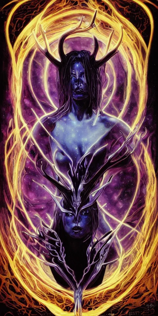 Image similar to intense roaring glowing black metal pagan god with antlers and veins and intense glowing eyes in very dark cosmic space by karol bak and artgerm and alphonse mucha, portrait, fantasy, clear, light beams, lens flare, intense, uhd, amazing depth, cinematic lighting, purple and violet and indigo and blue