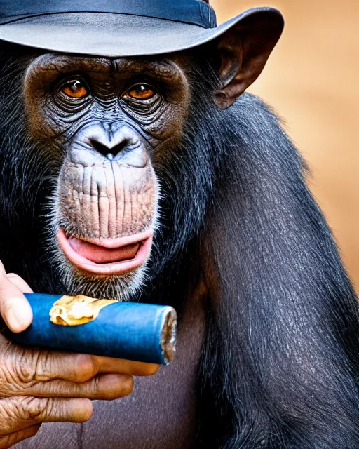 Prompt: gold, blue, photo of a chimpanzee as indiana jones solving a puzzle, big cigarre in mouth, 8 k, 8 5 mm f 1. 8