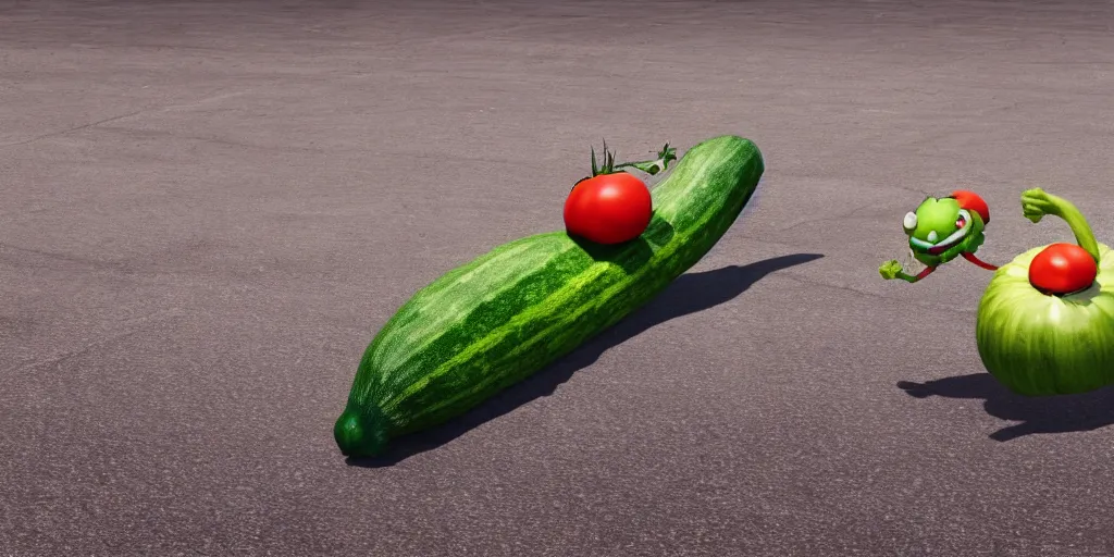 Image similar to detailed 3 d render of a bad zucchini character with arms and legs and a long sword!! chasing after a tomato character, hyper realistic octane render, cinematic lighting, pixar surrealism