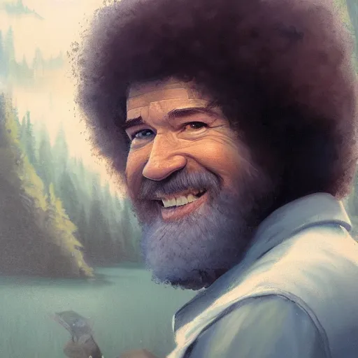 Prompt: Bob Ross throwing away paintings, illustrated by Greg Rutkowski, photorealistic facial features, trending on artstation, 4k, 8k