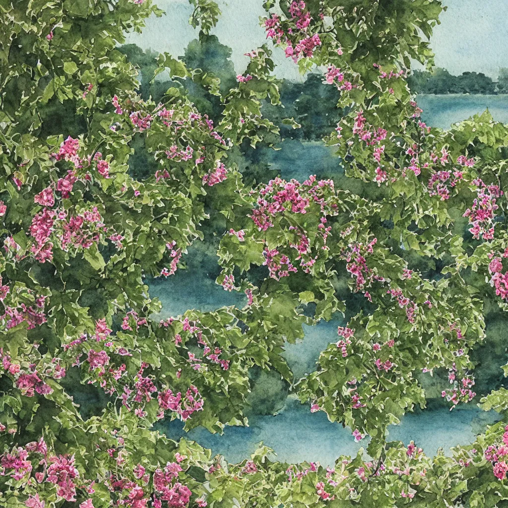 Prompt: isomeric view, delicate lake in a botanic garden, garden road, sparrows, temple in a botanical herbarium paper, watercolor colored painting, iridescent colors, 8 k, realistic shaded, fine details, artstation, italian style, colonnade, vines, grapes, flowers, architecture, roma