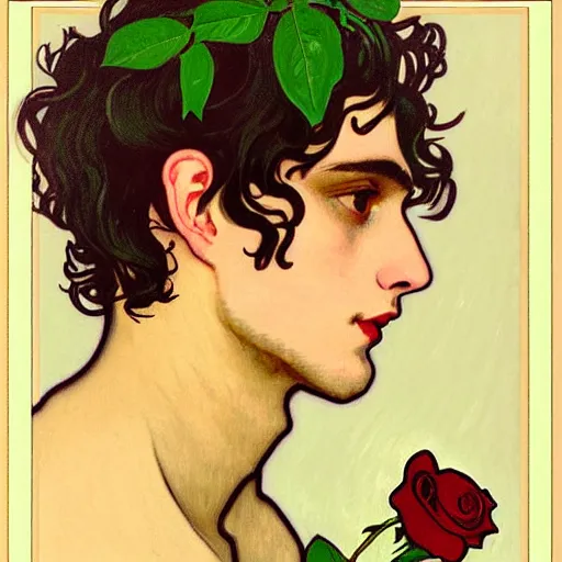 Prompt: painting of young handsome beautiful dark medium wavy hair man in his 2 0 s named shadow taehyung wearing a red rose hair crown and wearing a suit at the cucumber and banana soup party in the forest, elegant, clear, painting, stylized, delicate, soft facial features, delicate facial features, soft art, art by alphonse mucha, vincent van gogh, egon schiele