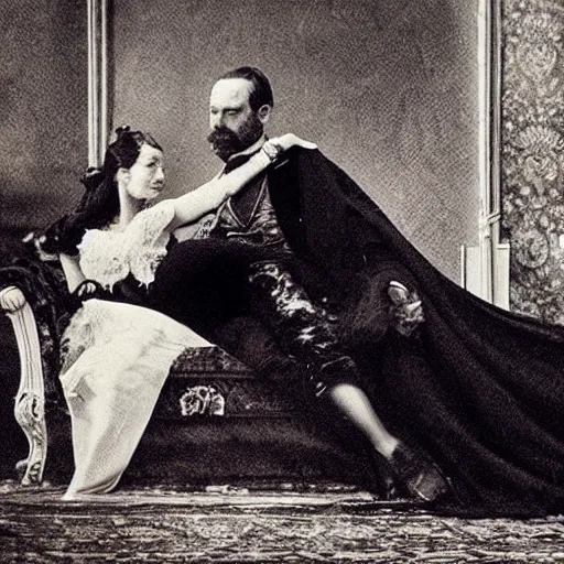 Prompt: a beautiful victorian lady in distress on a fainting couch, one hand on her forehead. a darkly handsome man is behind her with an ominous smile. behind them is a large raven.