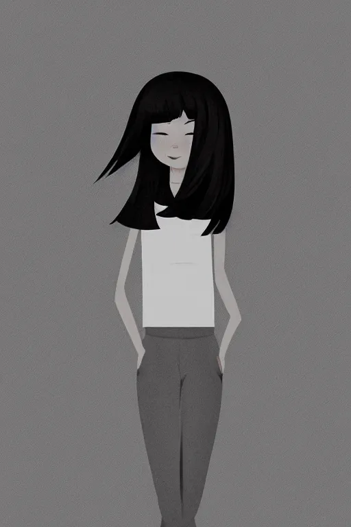 Image similar to portrait of a girl in long pants and a top, hands in pockets, eyes closed, bob haircut, digital art, black and white, illustration by roro kurotani