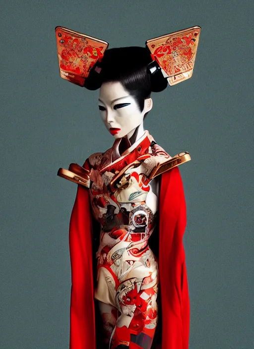 Image similar to portrait of a stylish futuristic geisha cyborg, with a red kimono with japanese golden signs written on it, kintsugi, modern fine art, fractal, intricate, elegant, highly detailed, digital photography, subsurface scattering, in the style of ghost, by yue minjun and greg rutkowski,