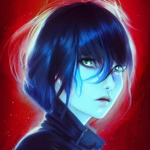 Image similar to red water swirling around rimuru tempest crying, enveloped in ghosts, sky blue straight hair, bangs, with amber eyes, black jacket, high collar, ultra fine detaile, dark theme, digital painting, psychedelic, cinematic, wlop, pixiv, ilya kuvshinov, ross tran