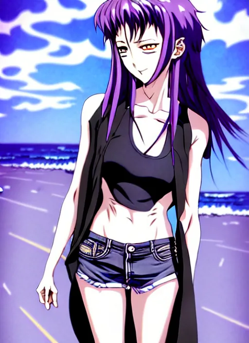 Image similar to style of madhouse studio anime, rei hiroe black lagoon manga, loish, artgerm, joshua middleton comic art, portrait of revy from black lagoon, purple hair, chinese, symmetrical eyes and symmetrical face, jean shorts, white tank top, waist up, sarcastic evil smirk on face, natural lighting, sky and ocean background