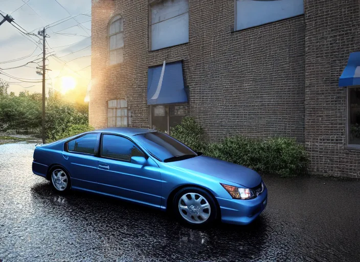 Image similar to blue 2 0 0 3 honda accord parked near a grey brick garage at sunrise, oil! puddle! under car, concept art, octane render, unreal engine 5, trending on artstation, high quality, 8 k, soft lighting, path traced, hyperrealistic, highly detailed, digital art, symmetrical, cinematic, high coherence, godrays