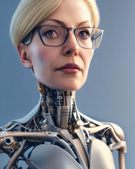 Prompt: full body image of a thin blonde middle aged lady cyborg with glasses, elegant, real life skin, intricate, high detailed, artstation, concept art, smooth, sharp focus, art by artgerm and greg rutkowski