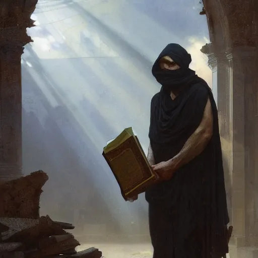 Image similar to portait of magican wearing a closed cerimonial cowl and big old book! chained to the wrist, jeremy mann, jean - leon gerome, tiepolo, alphonse mucha, greg rutkowski, face in the shadows, ( ( ruins of ancient rome ) ), at dusk, mysterious atmosphere, sunrays, dof, high detailed, 8 k