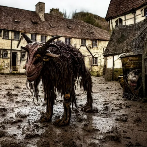 Prompt: horror, moody, still from film, daytime, muddy village square, wide shot, screeching mutant goat monster, powerful and huge, creeping on legs with hands where feet should be, mouth crammed full of filthy jagged teeth, matted brown fur, in muddy medieval village square