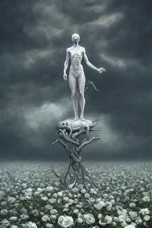Prompt: Surreal God of Death Floating in the air, in the middle of a garden of white roses, photo realistic, insanely detailed, mist, trending on artstation, golden ratio, ultra super good realistic 3D render by Gerald Brom and Zdzisław Beksiński