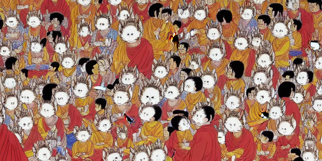 Image similar to 8 k uhd recursive image of praying buddhist cats, by katsuhiro otomo, anime, cartoon