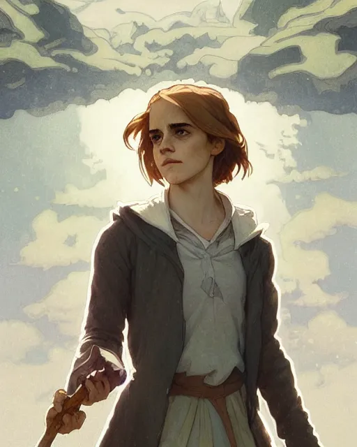 Image similar to Poster artwork, Emma Watson as Hermione Granger, medium shot, details, sharp focus, illustration, by Jordan Grimmer and Alphonse Mucha and greg rutkowski and PiNe(パイネ) and 薯子Imoko and 香川悠作 and maya takamura, intricate, beautiful, Trending artstation, pixiv, digital Art