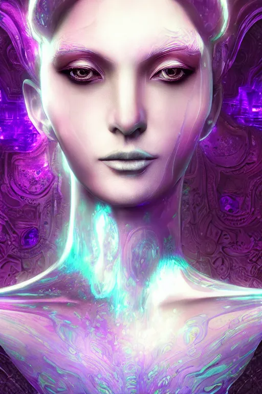 Image similar to a render of an ancient futuristic ethereal alluring goddess with digital modifications surrounded by a underwater ink pour and flowing liquid gallium and complex sacred geometry, powerful, cinematic, beautifully lit, perfect face, by beeple, by artgerm, by karol bak, 3 d, trending on cgsociety, octane render, zbrush central, 8 k