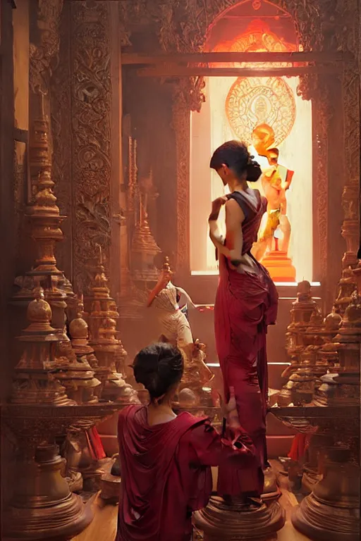 Image similar to temple, buddhism, painting by greg rutkowski, j. c. leyendecker, artgerm