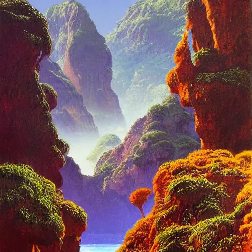 Image similar to painting of a lush natural scene on an alien planet by bruce pennington. beautiful landscape. weird vegetation. cliffs and water.