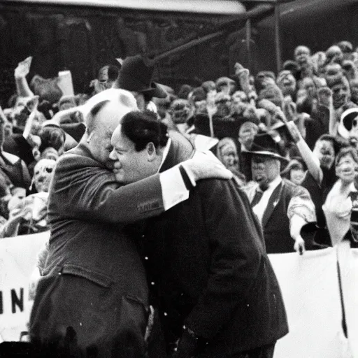 Prompt: Michail Gorbatschow and Winston Churchill hugging in fornt of crowd, black and white photo, some grain