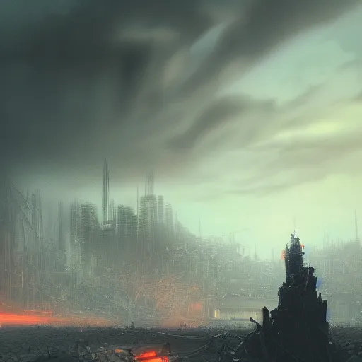 Image similar to a dark foreboding landscape where one single tree grows, amidst broken metal machines, with the sky on fire. Gustave Dore, ponyo and artrift, trending on artstation, cyberpunk, CGSociety, hyperealism, extremely detailed landscape art, 3d render, 4k hd, depth of field, super high def, IMAX.