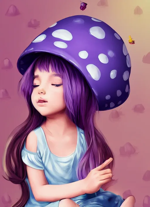 Image similar to a beautiful little girl wearing a mushroom hat sitting in her room petting a frog in her lap | | purple hair, pretty face, sharped details, in yo - jo life art style, trending on pixiv