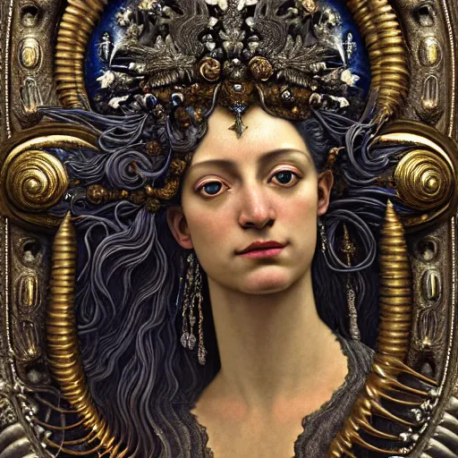 Prompt: baroque neoclassicist closeup renaissance portrait of beautiful moon goddess with stars in her flowing hair, reflective detailed textures, glittering silver ornaments, fantasy science fiction painting by diego rivera and jean delville and ruan jia and nicholas roerich and annie swynnerton and bussiere, dramatic lighting, ornate geometric patterns, deep rich colors, artstation, octane render