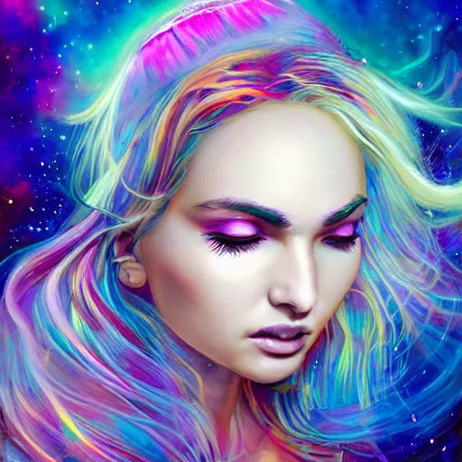 Image similar to a galaxy colored psychedelic chakra awakening kundalini ethereal portrait of kim petras with her eyes closed transcending to a higher plane of existence, eternal blessing, multiverse, by android jones, by ben ridgeway, visionary art, by artgerm, featured on artstation, cgsociety, by greg rutkowski