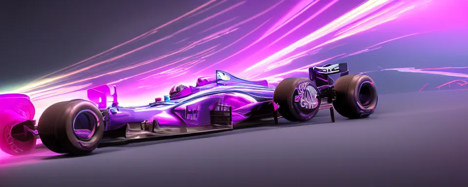 Image similar to abstract illustration of a formula one car, synthwave, purple and pink, motion blur, light streaks, octane render, depth of field