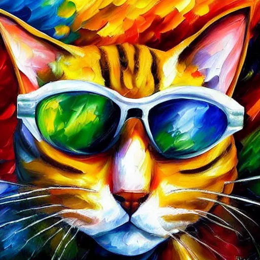 Prompt: painting of a cat wearing a lab coat and safety goggles mixing chemicals by Leonid Afremov