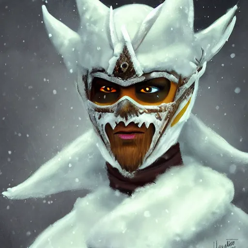 Prompt: fantasy snow bandit ‘ icewind dale ’ with mask, snow scene, ‘ icewind dale 2 ’ profile portrait by ‘ justin sweet ’, falling snow, soft focus, oil paint, artstation