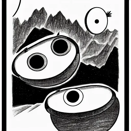 Image similar to a drawing of three huge eyes floating over a mountain, black and white, vintage poster, film grain