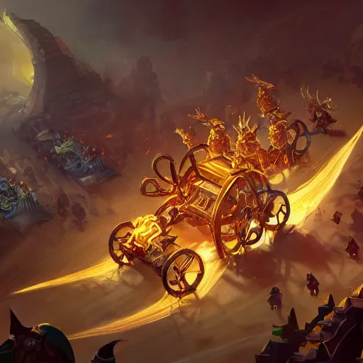 Image similar to a golden battle chariots, yellow magic theme, bright art masterpiece artstation. 8 k, sharp high quality artwork in style of jose daniel cabrera pena and greg rutkowski, concept art by tooth wu, blizzard warcraft artwork, hearthstone card game artwork, cart wheels